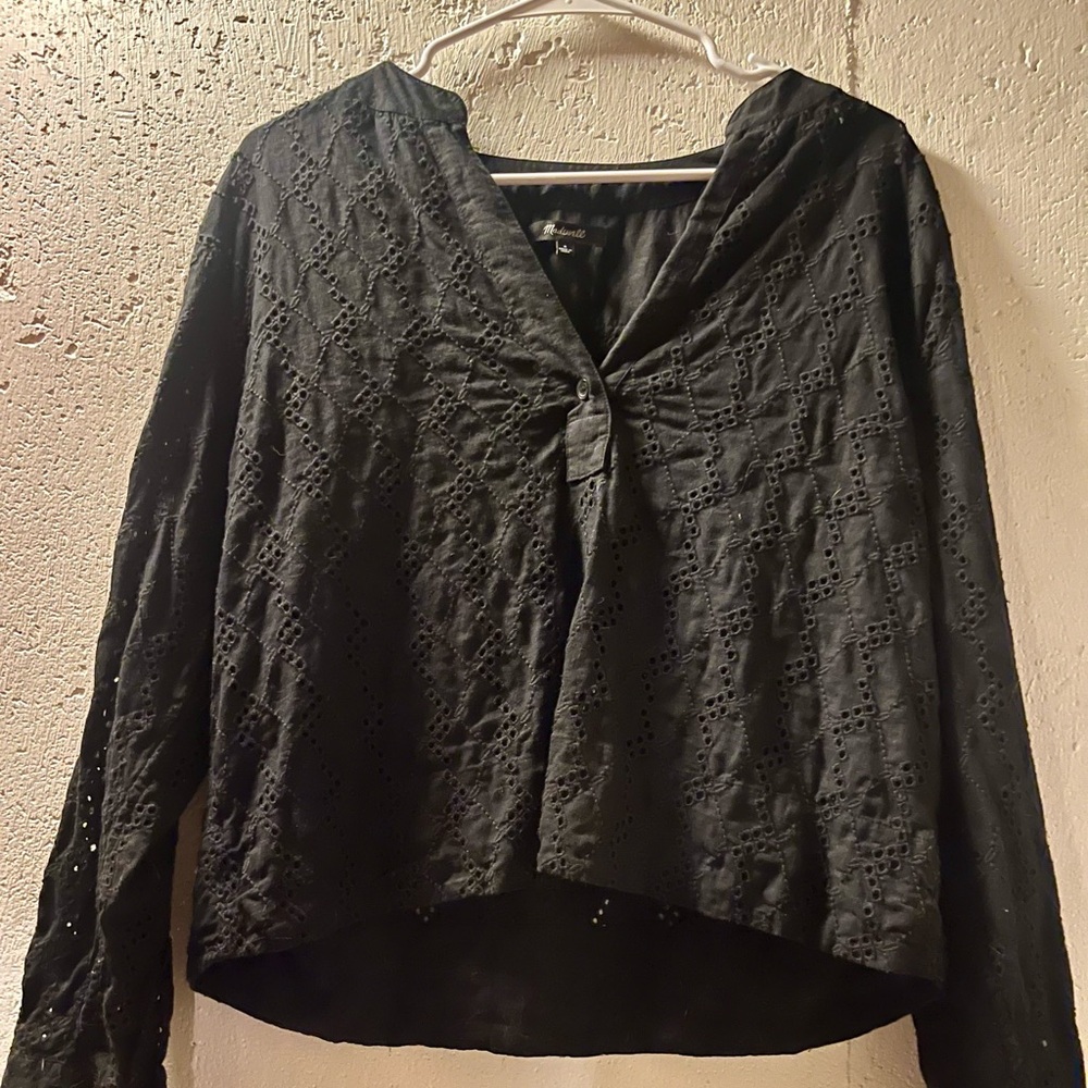 Plus size Madewell Popover top Black long sleeve eyelet lace top in size small